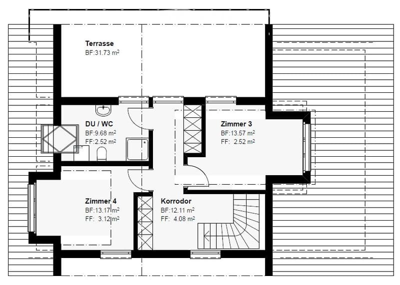 Floor plan showing a terrace, bathroom, three bedrooms, and a hallway.