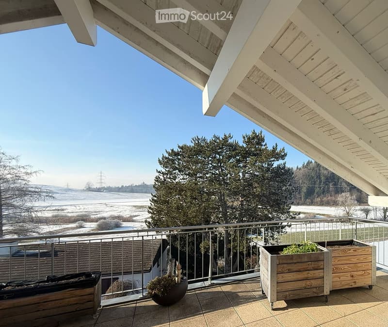 Balcony with wooden planters, a metal railing, and a view of a snowy landscape and trees.