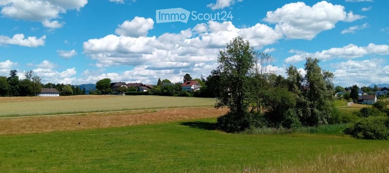 A peaceful rural landscape with green fields, scattered houses, and trees under a partly cloudy sky.