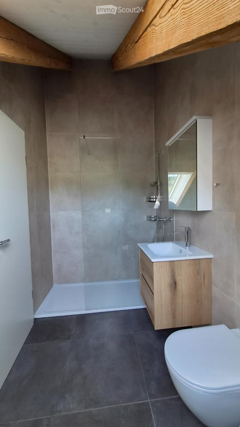 Modern bathroom with a wooden vanity, white sink, toilet, and a glass-enclosed shower area.
