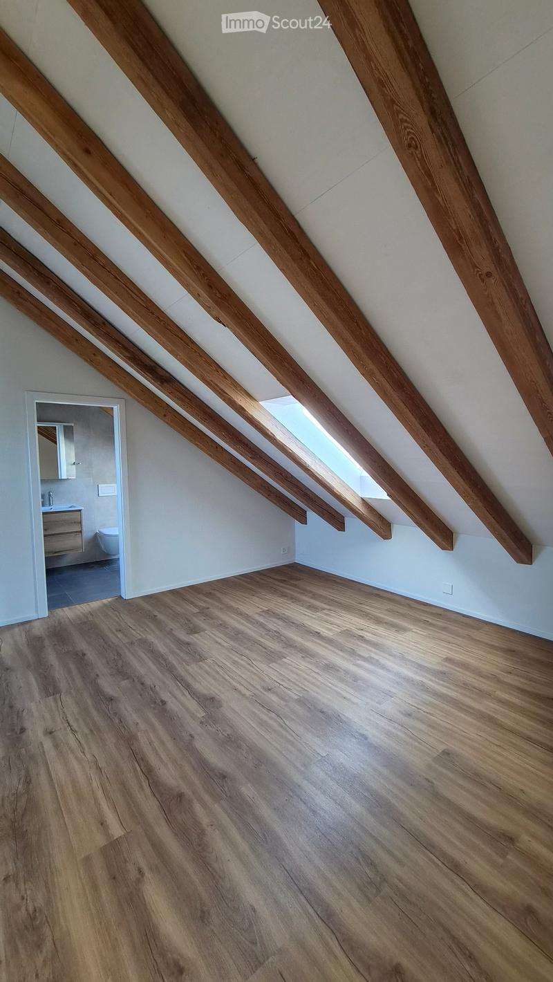 An attic space with exposed wooden beams, wooden flooring, and a skylight window. A small bathroom is visible through an open doorway.