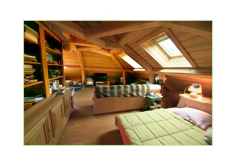 Cozy attic room with wooden beams, skylights, a bed, sofa, shelves, and a small table.