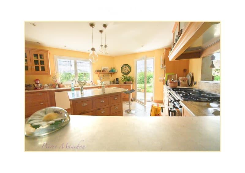 Bright kitchen with wooden cabinets, central island, and stainless steel appliances. Features a large window, pendant lights, and a view of the outdoors.