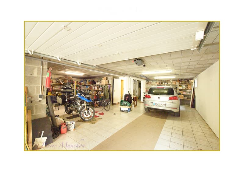 {"type": "Garage", "objects": ["car", "motorcycle", "bicycle", "shelves", "tools"], "description": "Garage with tiled floor, white ceiling, and storage shelves. Contains a parked car, a motorcycle, a bicycle, and various tools and storage items.", "visibl