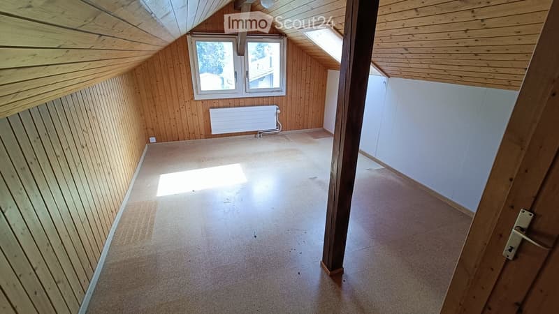 Empty attic space with wooden walls and ceiling, concrete floor, two windows, and a radiator.
