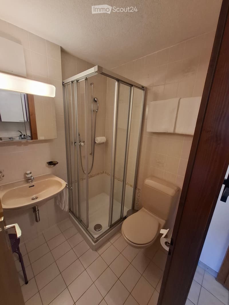 Modern bathroom with a glass-enclosed shower, toilet, sink, and mirror. Light-colored tiles and a clean, organized appearance.