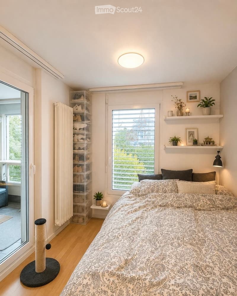 Cozy bedroom with a large bed, nightstand, cat tree, and shelves with decorative items. The room features wooden flooring, large windows with blinds, and a radiator near the window.