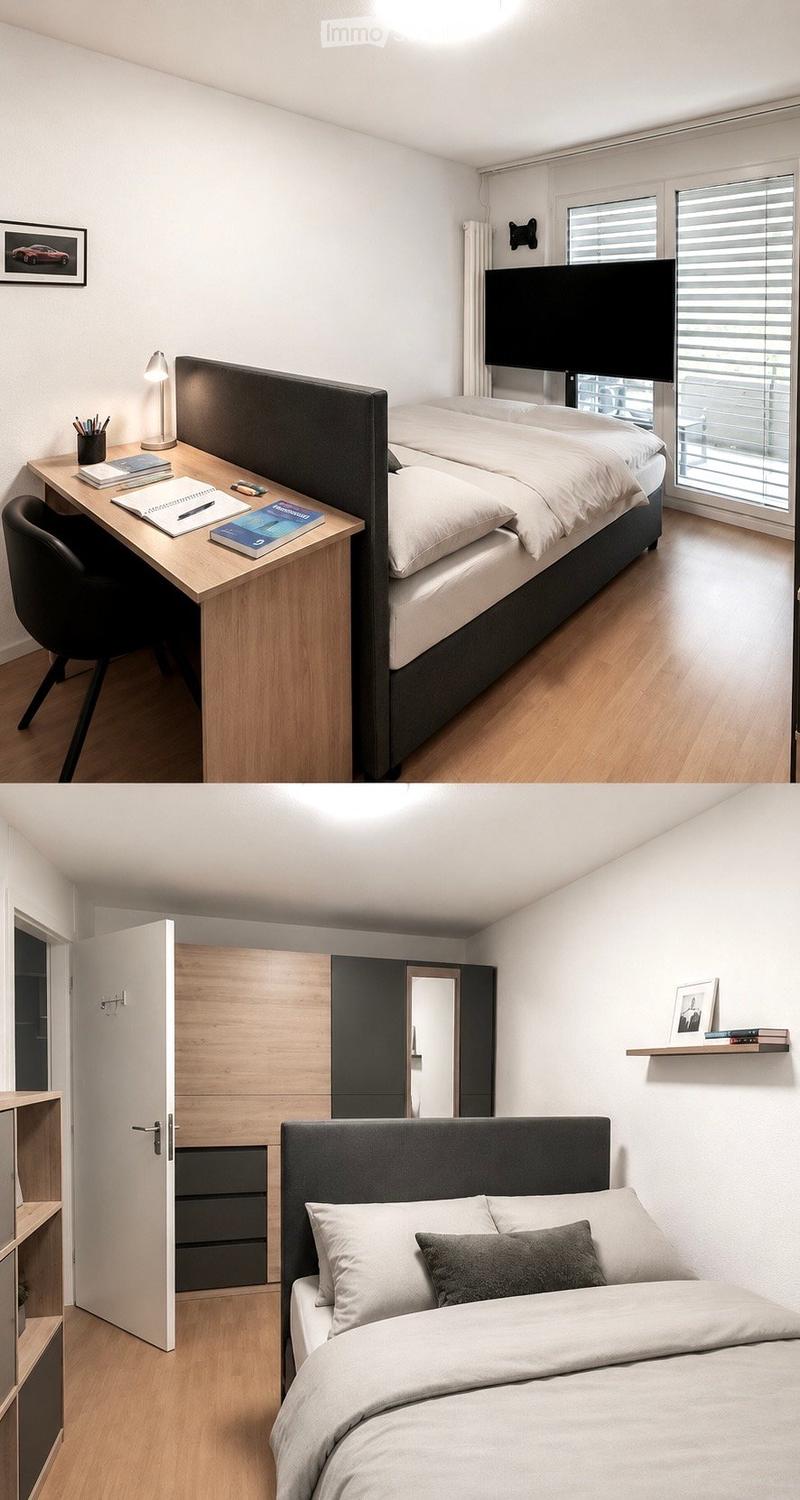 Modern, well-lit bedroom with a large bed, desk, chair, and TV screen. Features a wooden floor, white walls, and a large window with blinds.