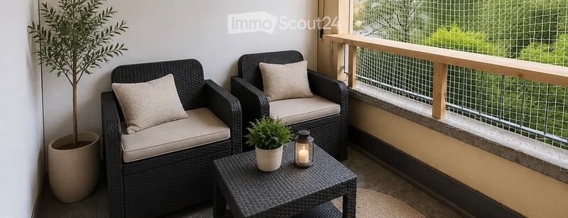 Balcony with two wicker chairs, a small table, and potted plants, offering a view of greenery outside.