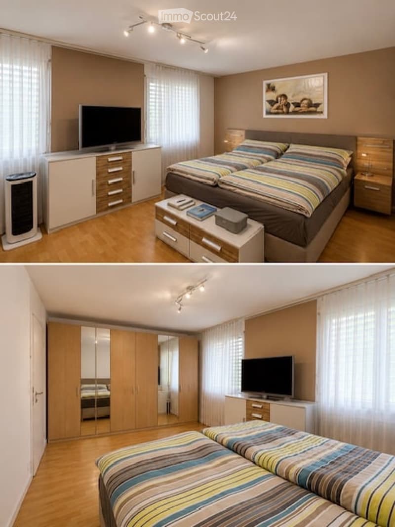 Two images of a modern bedroom with a double bed, nightstands, a dresser, a TV, and large windows with curtains. The room features warm wood flooring and neutral-colored walls.