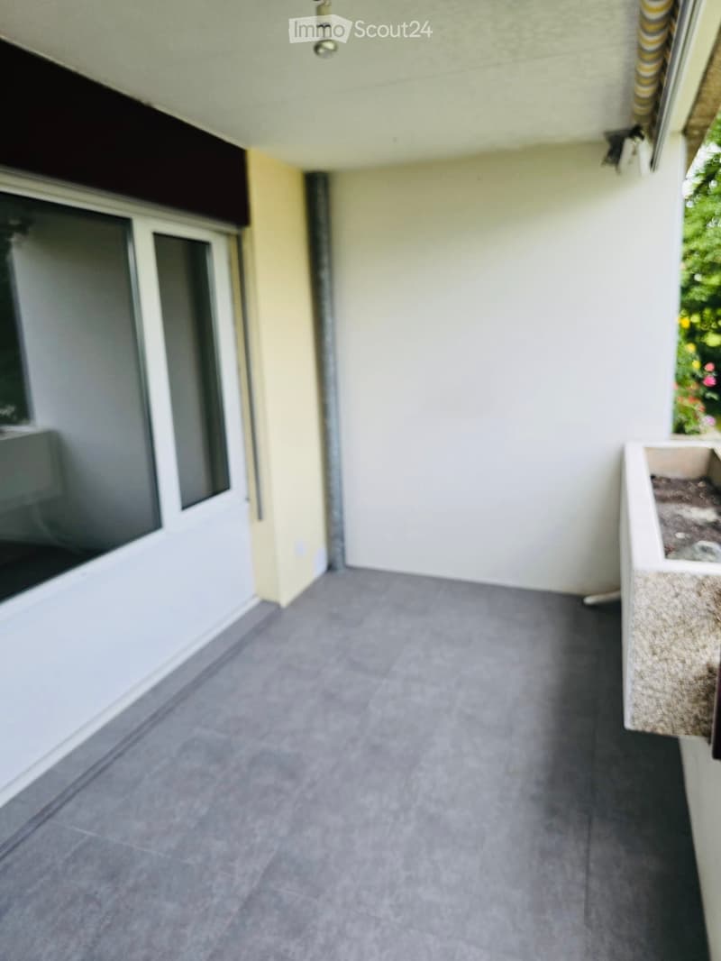 Balcony with grey tiled floor, white walls, and a small planter on the right side.