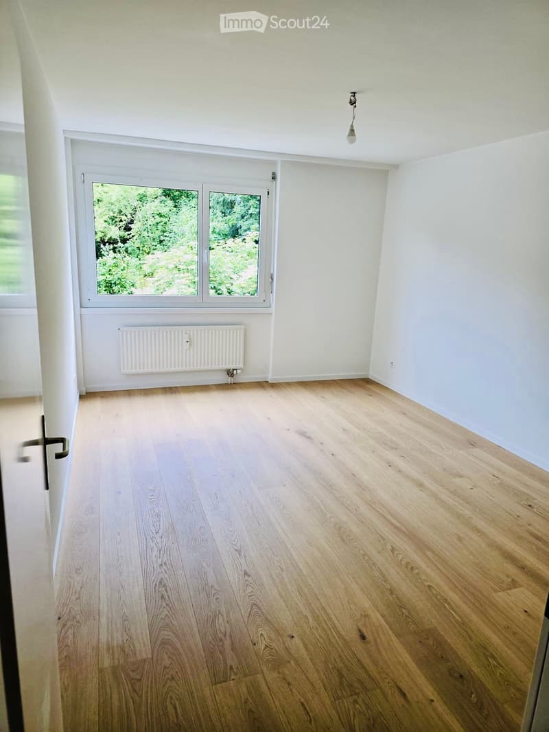 Empty room with light wooden flooring, white walls, and a large window with a view of greenery. A radiator is visible below the window, and a single light fixture hangs from the ceiling.