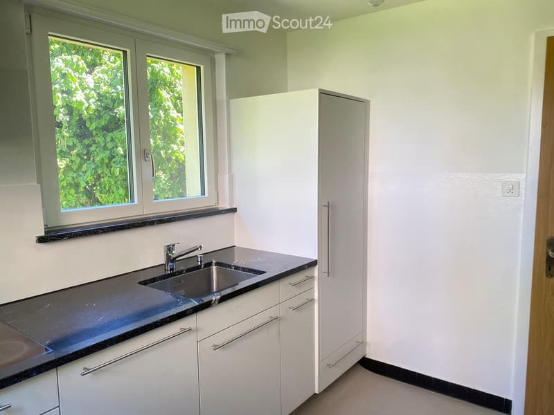 Modern kitchen with white cabinets, dark countertop, and stainless steel sink.