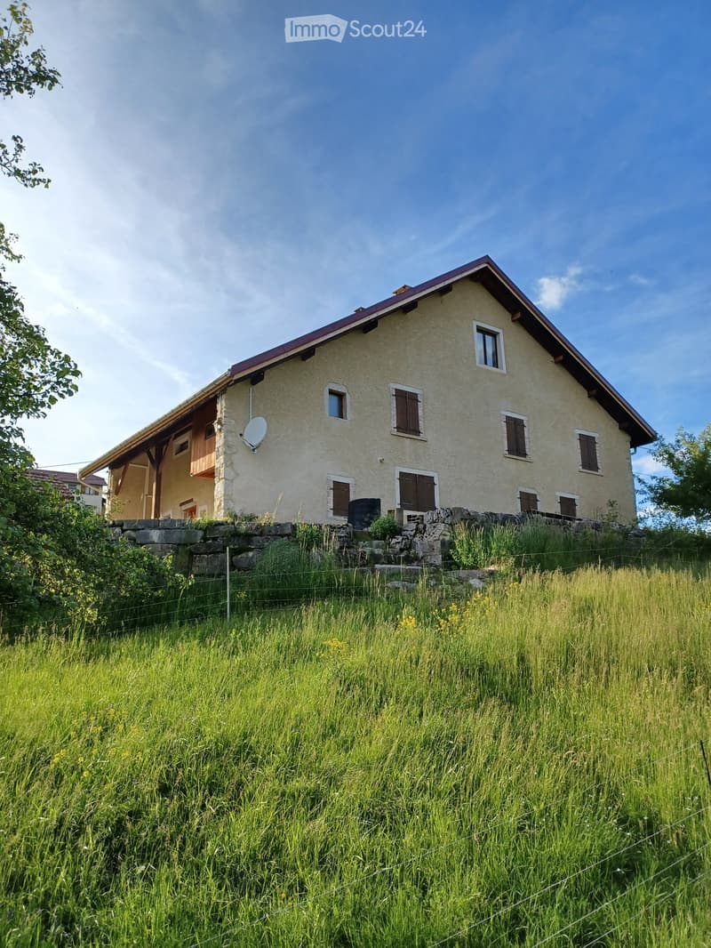 Two-story house with beige walls, dark brown shutters, and a red roof, surrounded by a stone wall and tall grass.