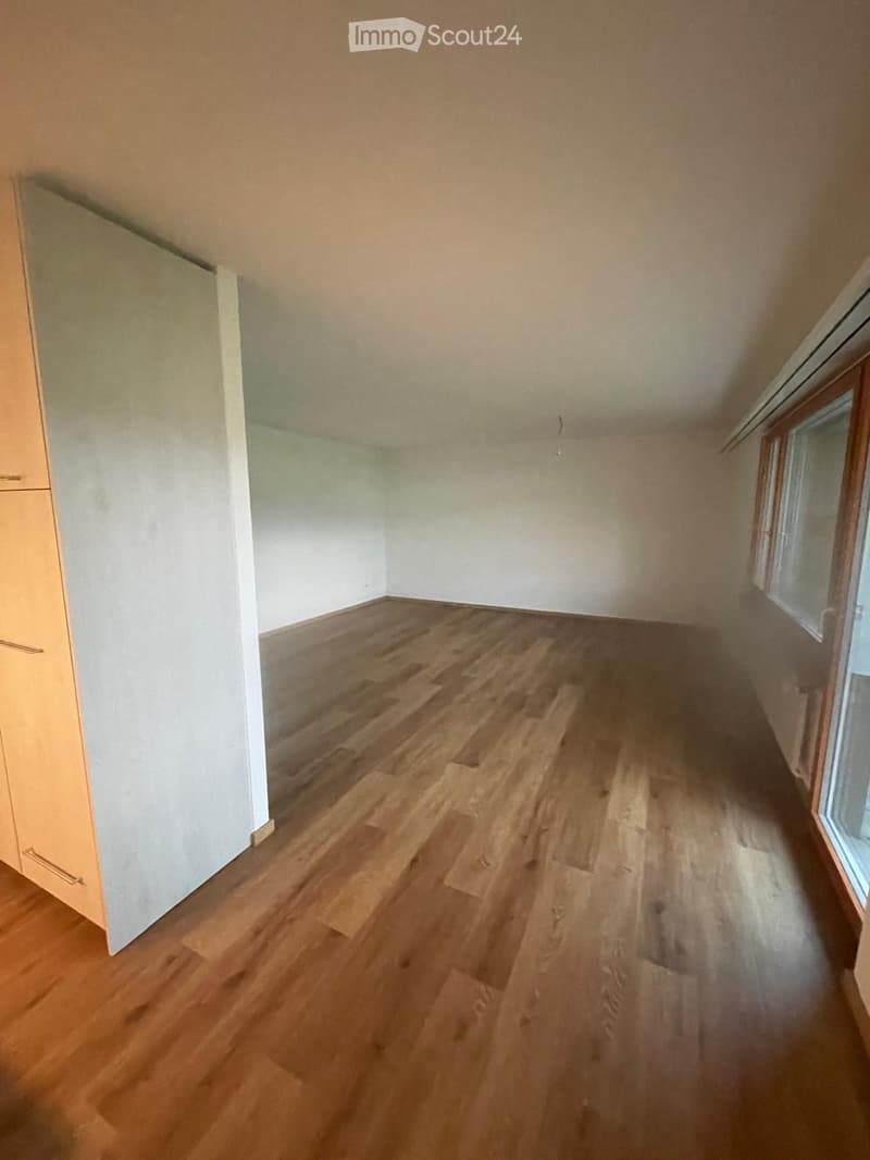 Empty hallway with wooden flooring, white walls, and a window on the right side.
