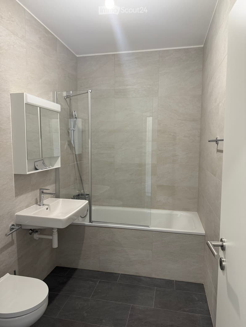 Modern bathroom with a toilet, sink, mirror, bathtub, and glass shower enclosure. The walls are tiled in a light grey marble pattern, and the floor is dark grey tiles.