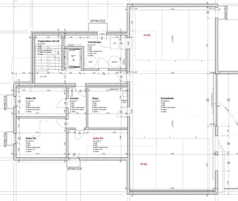 Ground floor plan showing basement levels, technical room, storage, and utility areas with labeled dimensions and floor types.