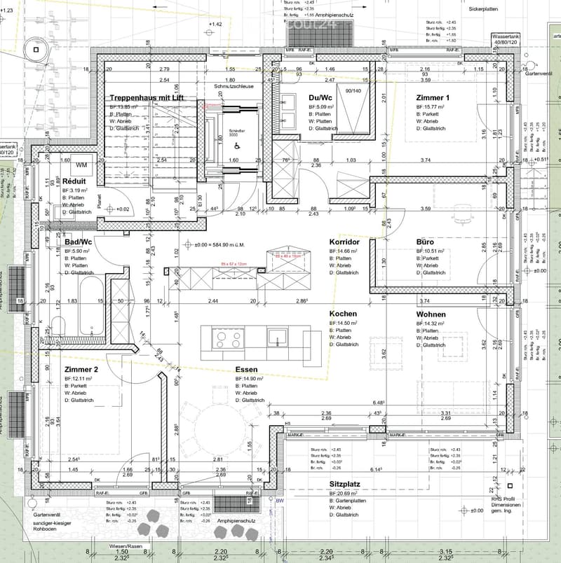 Floor plan of a multi-room residential space including a kitchen, living room, bedrooms, bathrooms, corridor, office, and outdoor seating area.