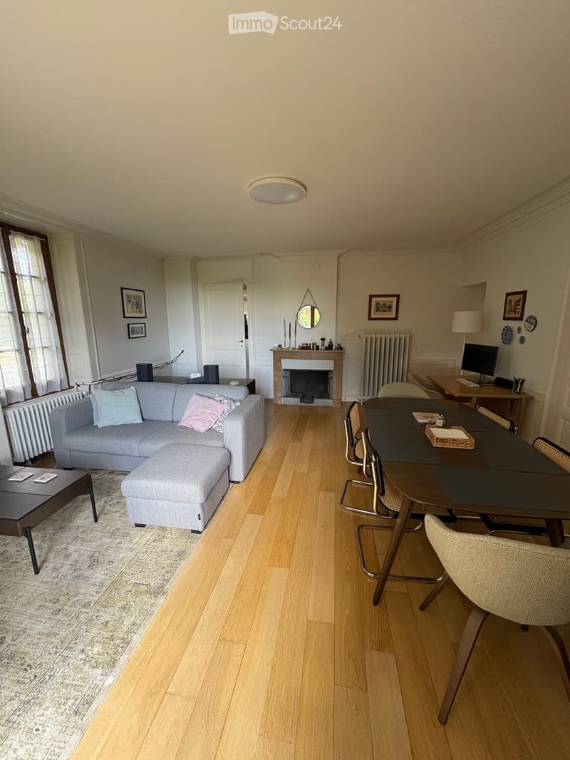 Bright living room with grey sectional sofa, coffee table, fireplace, dining area with table and chairs, desk with computer, and decorative wall art.