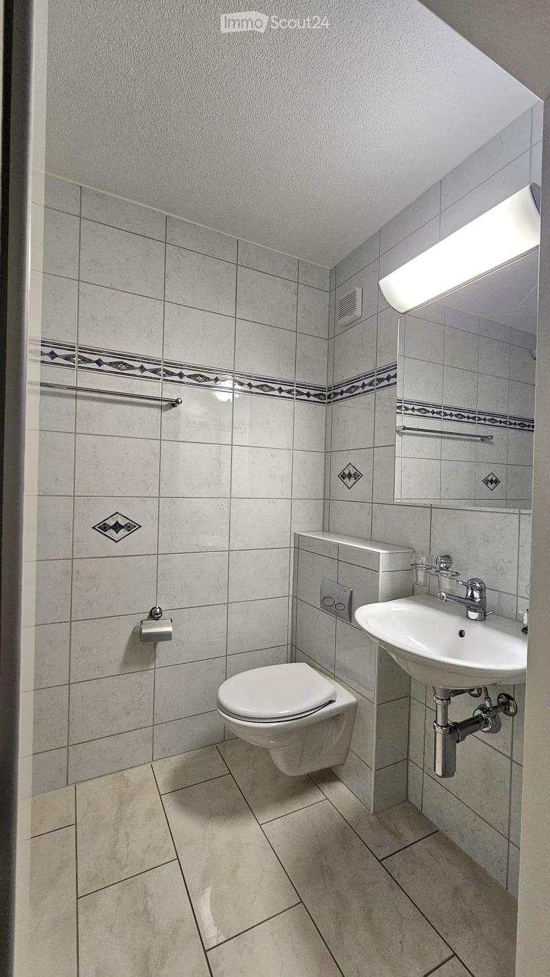 Modern bathroom with light grey tiles, a toilet, a sink with a chrome faucet, a mirror, and a toilet paper holder.