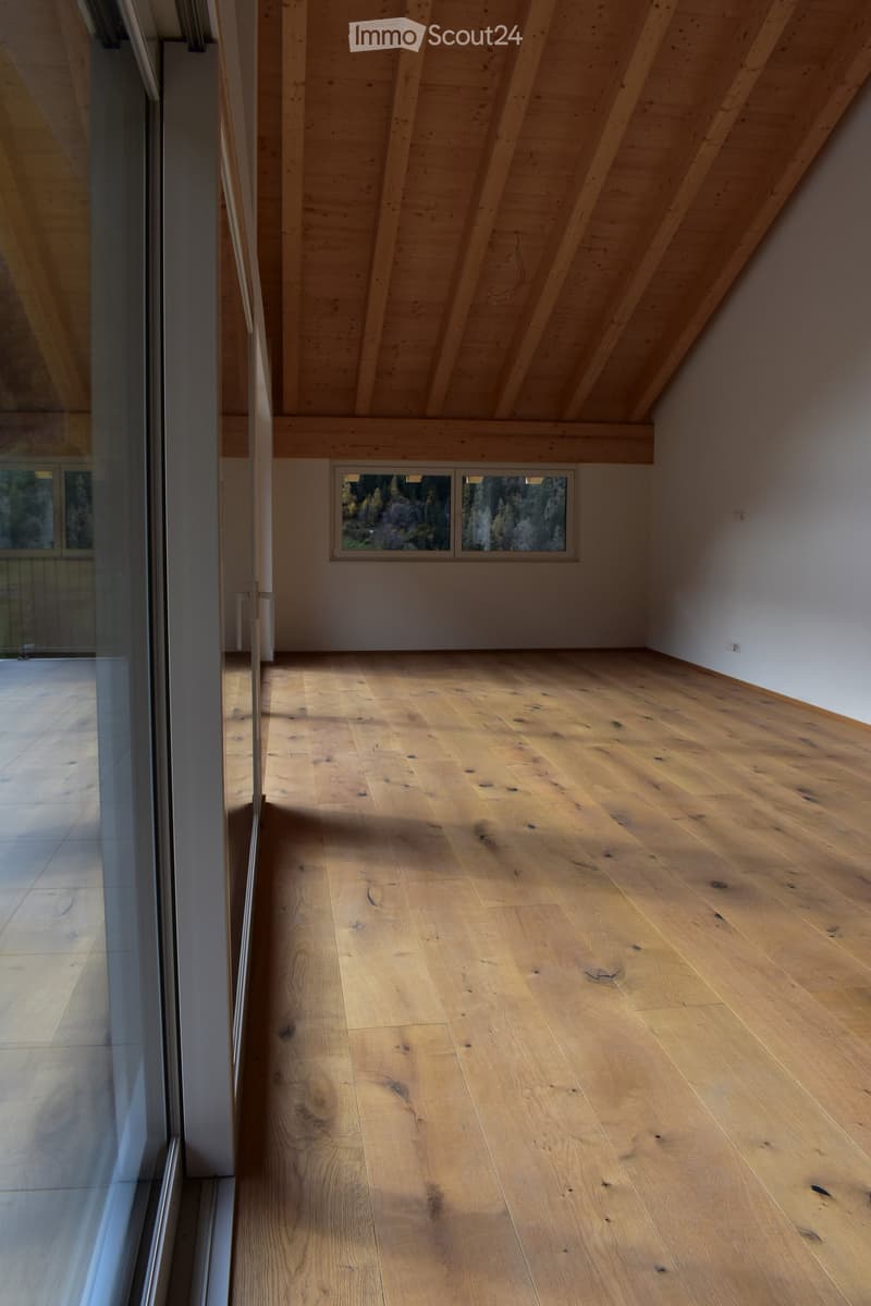 empty room, wooden floor, glass doors, wooden ceiling, windows