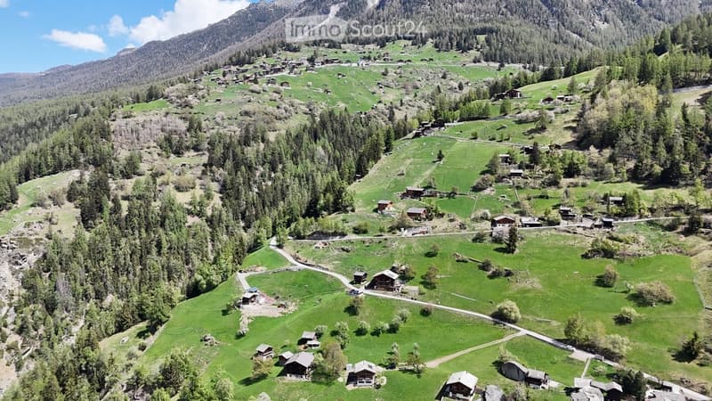 Aerial view of a picturesque alpine village nestled in a lush green valley surrounded by mountains. The village features scattered wooden houses, winding roads, and dense forests.