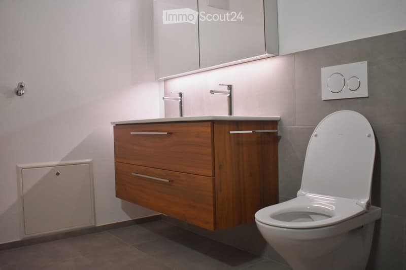 modern bathroom with white and gray tiled walls, white toilet, wooden vanity with sink and two faucets, overhead cabinet with mirror
