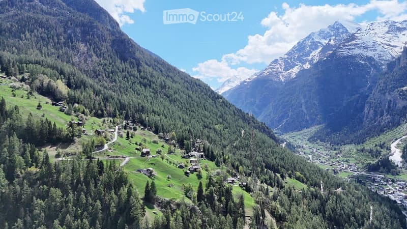 Aerial view of a lush green valley surrounded by towering mountains, with scattered houses and a winding road.
