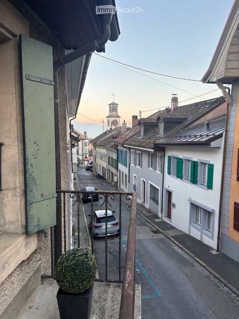 Balcony overlooking a narrow cobblestone street lined with historic buildings, featuring a potted plant and a view of parked cars and a distant clock tower.