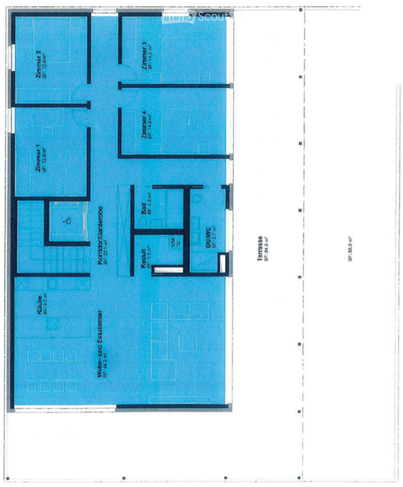 Floor plan of a multi-room apartment with labeled rooms including bedrooms, living room, kitchen, bathroom, and entrance area.
