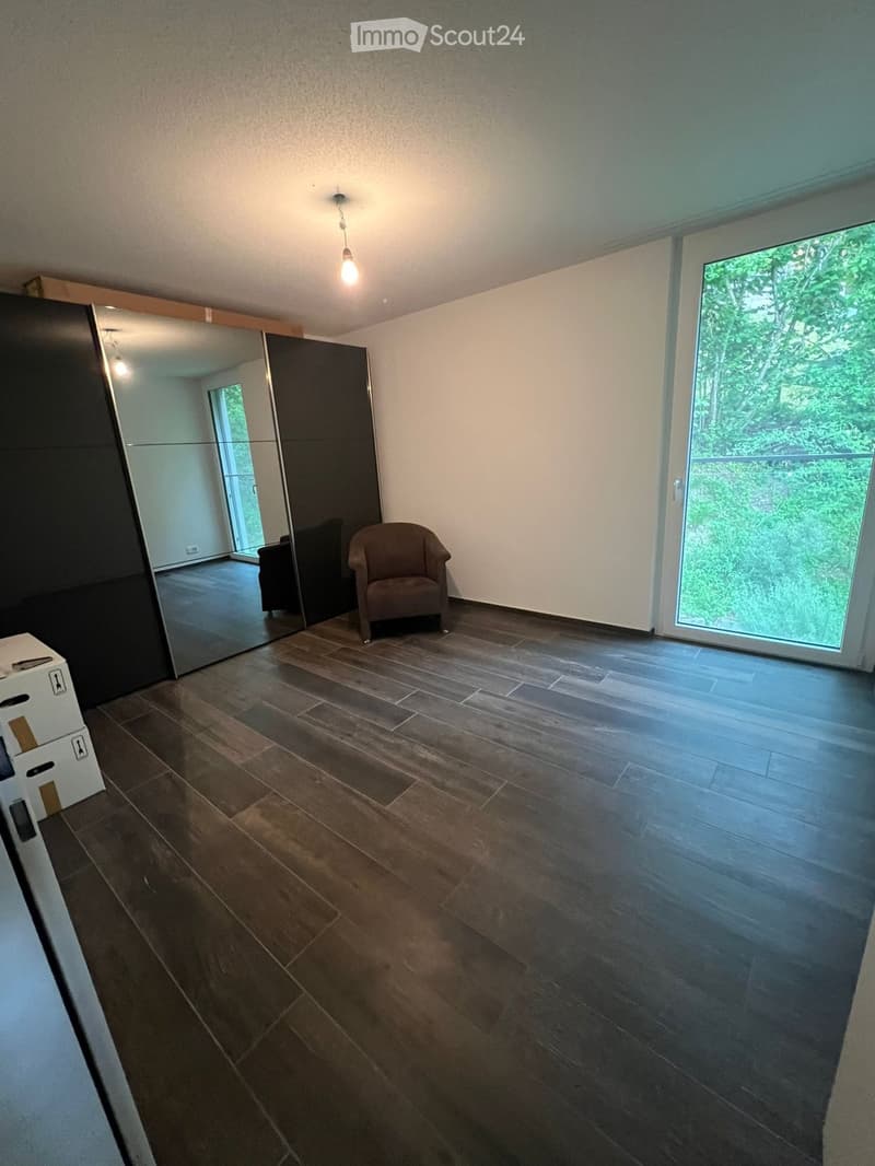 A modern, minimally furnished room with dark wooden flooring, a single armchair, a large mirrored wardrobe, and a large window with a view of greenery.