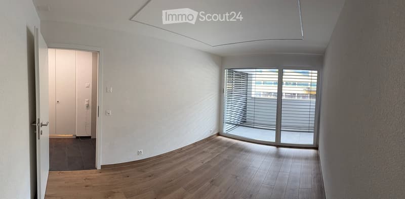 Empty room with wooden flooring, white walls, and a large sliding glass door leading to a balcony. The room has a neutral color scheme and modern design.