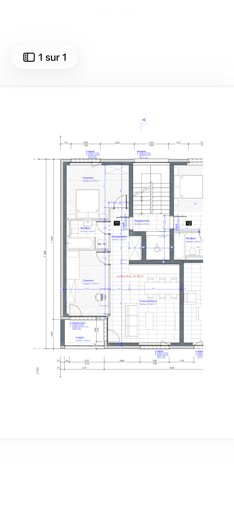 Floor plan of a 1-bedroom apartment with a living/dining area, kitchen, bathroom, and loggia.