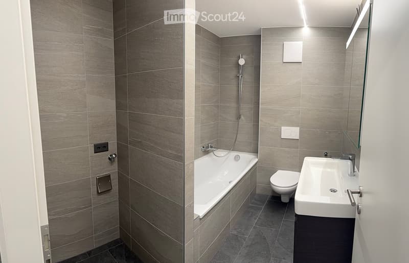 Modern bathroom with grey tiled walls, a bathtub, toilet, sink, and a large mirror.