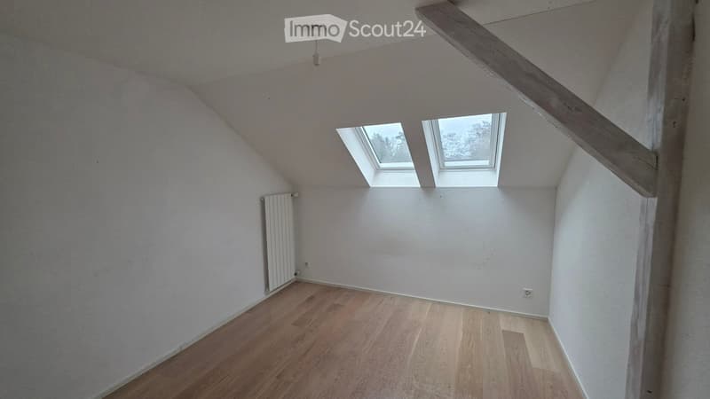 empty room, wooden floor, white walls, two skylights, radiator
