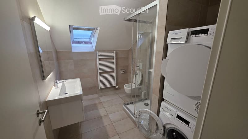 white sink, white toilet, glass shower, white washing machine, white towel rack