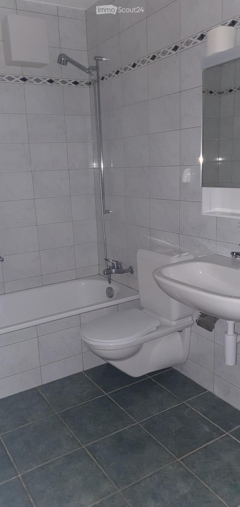 Bathroom with a toilet, sink, bathtub, and a handheld showerhead attached to the wall.