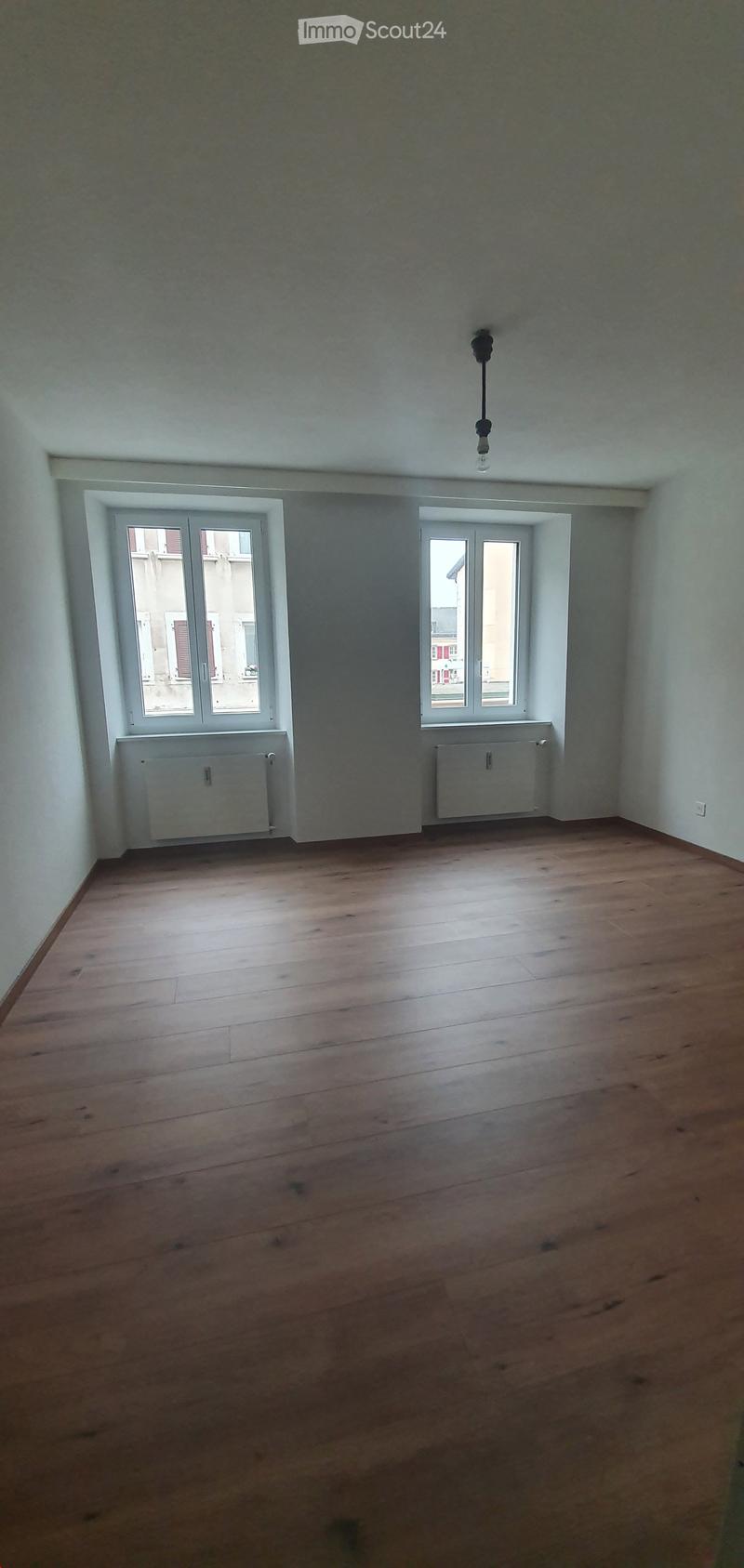 Empty room with wooden flooring, white walls, and two windows with radiators beneath them.