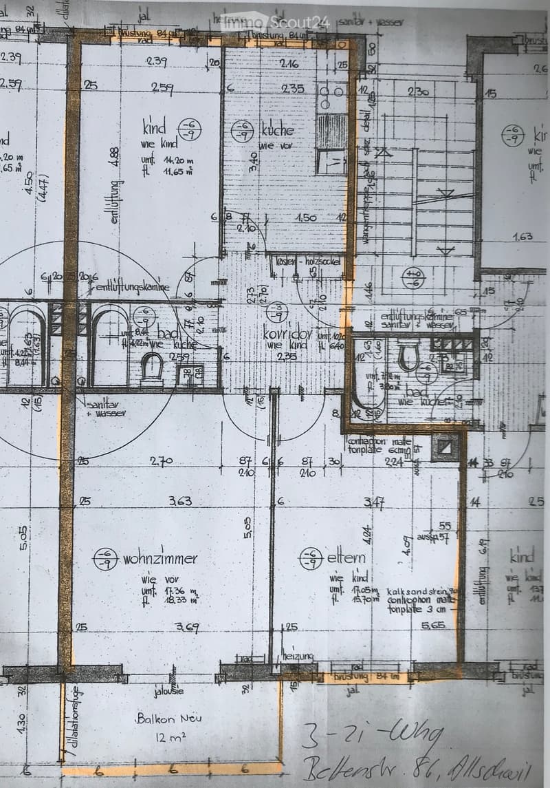 Floor plan of a residential unit showing multiple rooms including living room, kitchen, bedrooms, bathrooms, and a balcony.