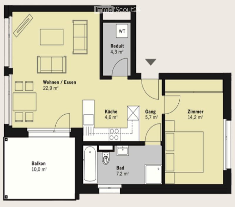 Floor plan of a 4-room apartment with living/dining area, kitchen, bedroom, bathroom, and balcony.