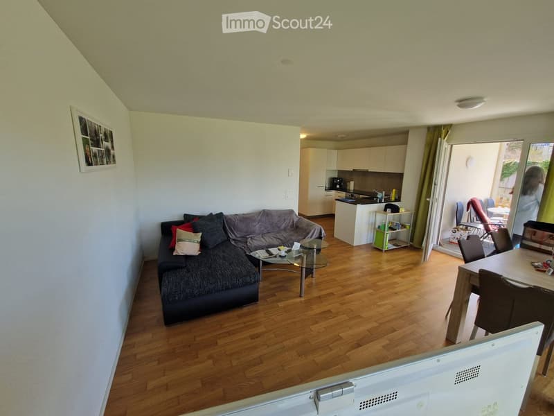 A modern, open-plan living and dining area with wooden flooring, a grey sectional sofa, a glass coffee table, a dining table with chairs, and a small kitchen area with cabinets and appliances.