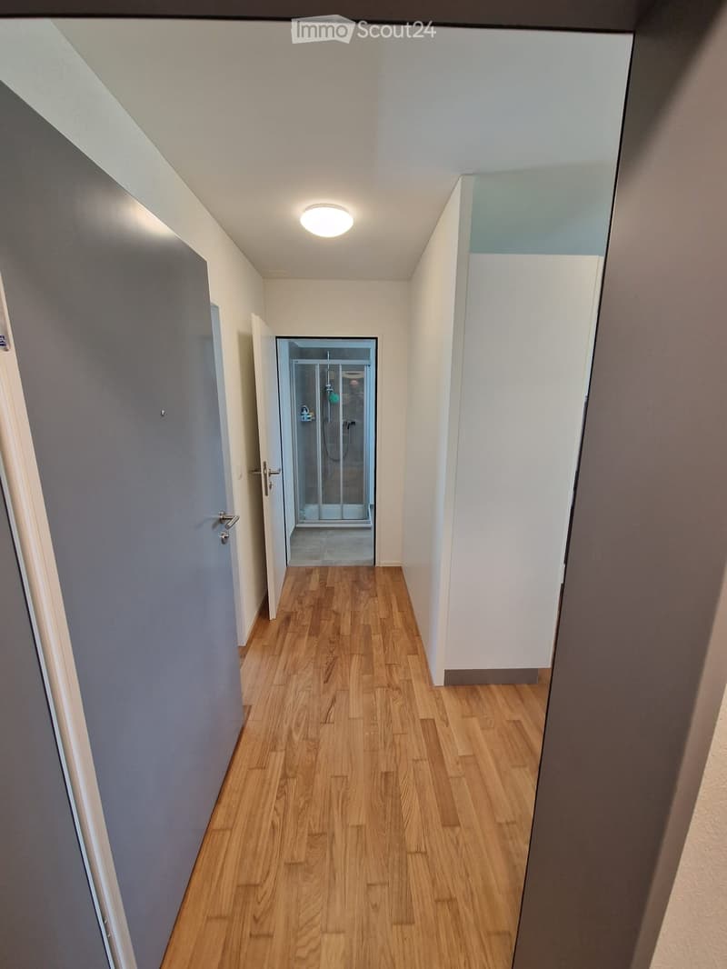 A narrow hallway with wooden flooring, white walls, and a recessed ceiling light. An open door leads to a shower area with glass walls.