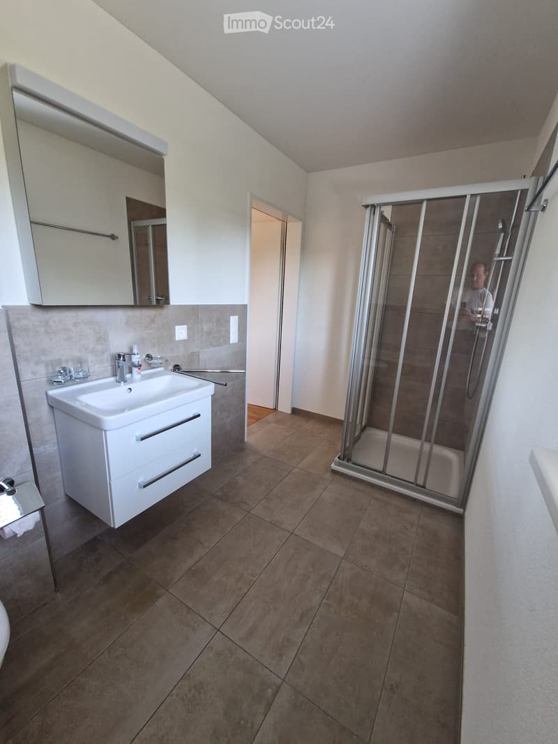 Modern bathroom with a white sink, mirrored cabinet, and a glass-enclosed shower stall.