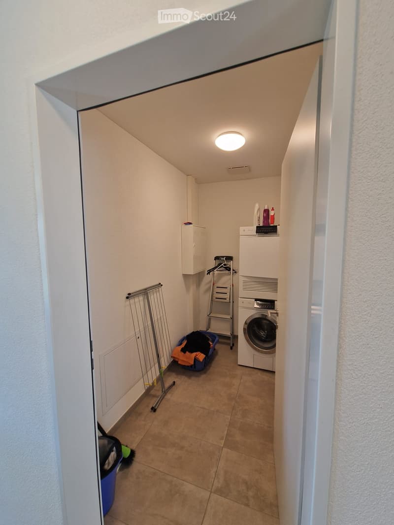Laundry room with a washing machine, cabinet, laundry basket, and laundry rack.