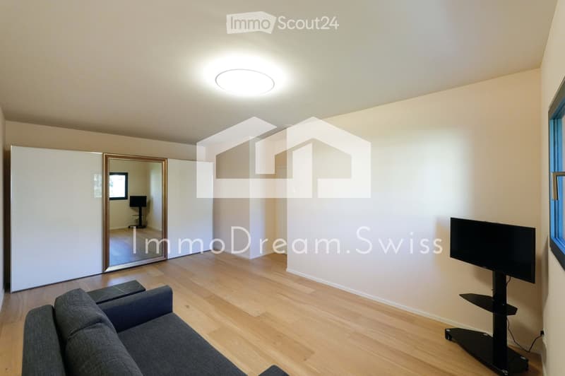 Modern living room with wooden flooring, a grey sofa, a coffee table, a television on a stand, and a large mirror on the wall.