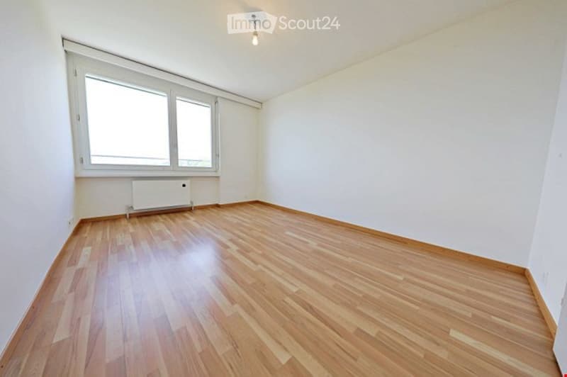 Empty room with wooden flooring, white walls, large windows, and a radiator under the windows.