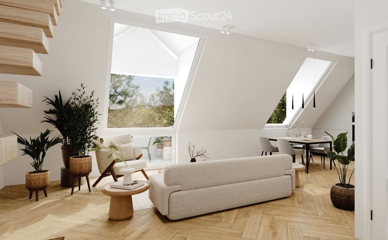 Bright, airy living space with wooden flooring, large windows, skylights, and modern furniture including a sofa, coffee table, dining table, and potted plants.