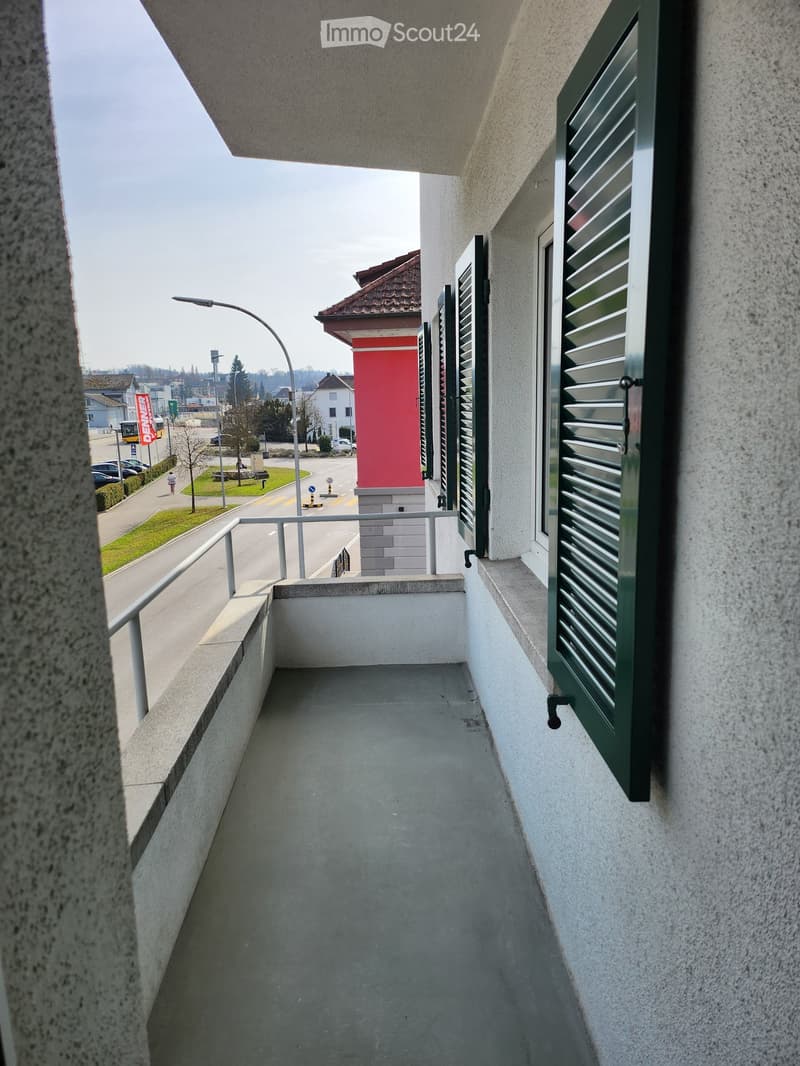 Balcony with concrete floor, metal railing, and green shutters on the wall.