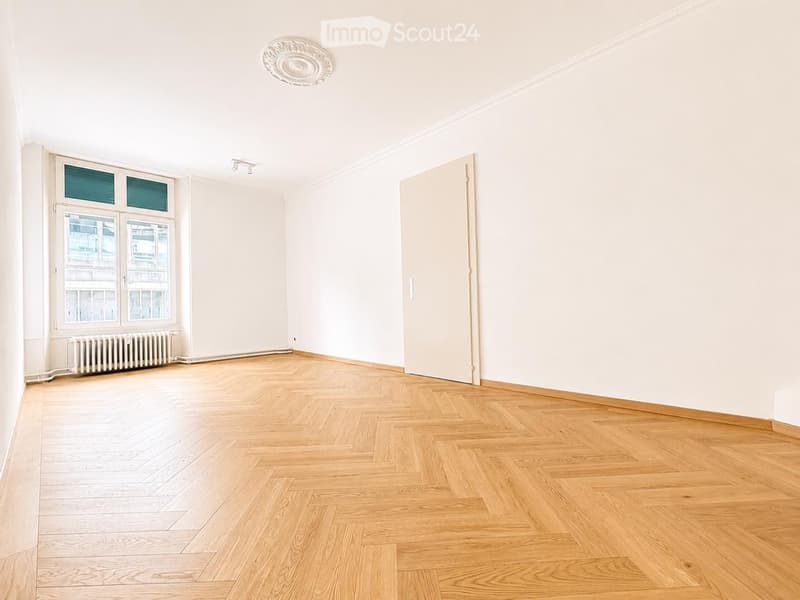 Empty room with wooden herringbone flooring, white walls, large window with multiple panes, radiator, and a closed door.