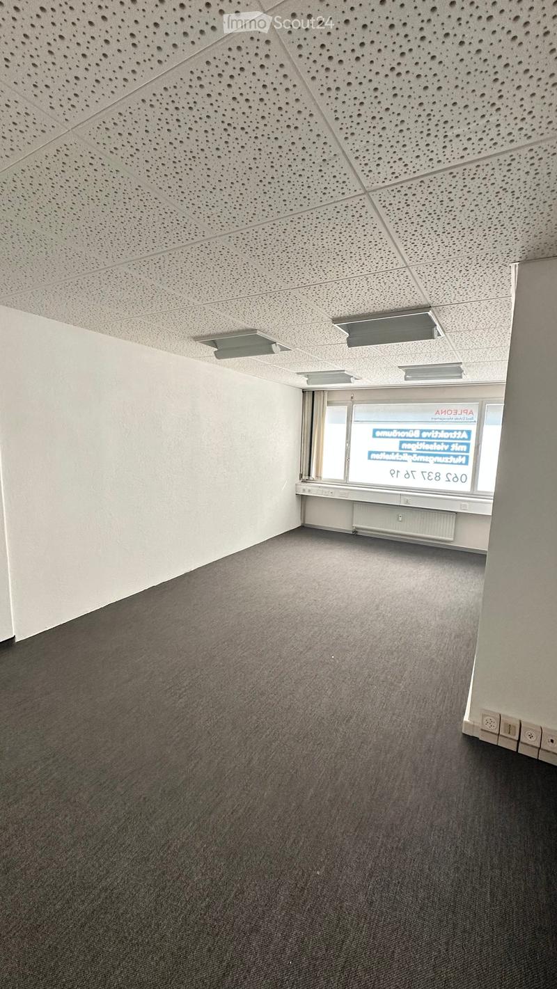 Empty room with grey carpet, white walls, and a perforated white ceiling. A window with a curtain and a radiator are visible.